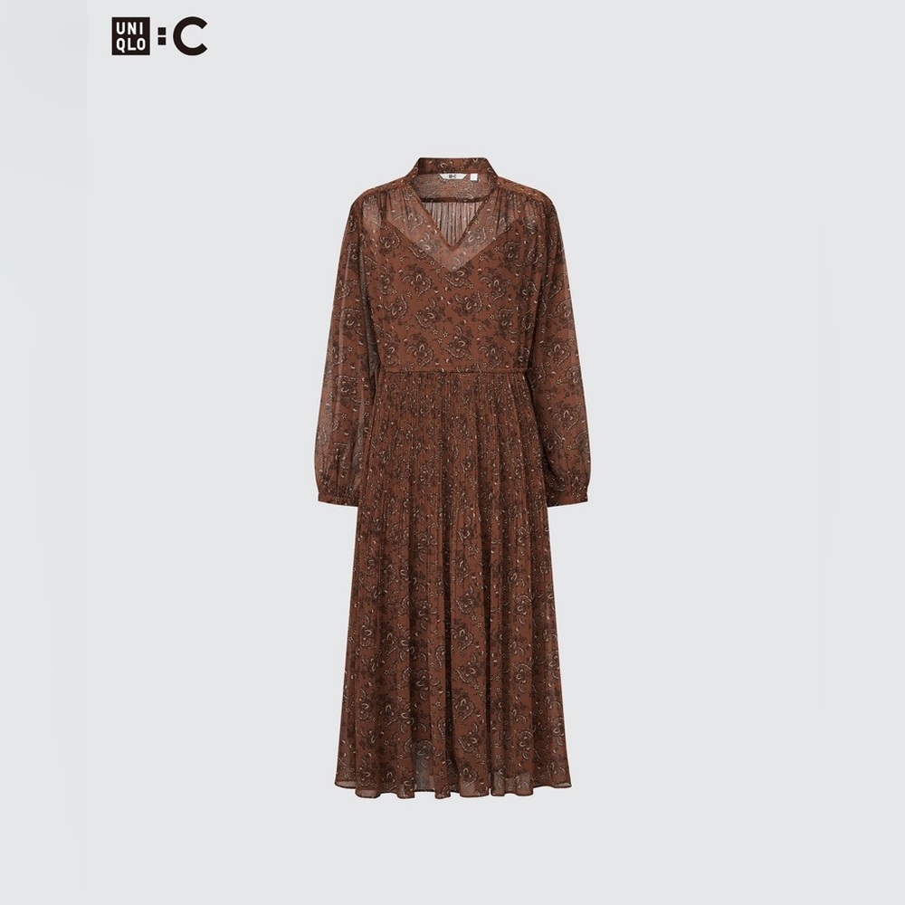 Chiffon long sleeve pleated midi dress UNIQLO SIZE L